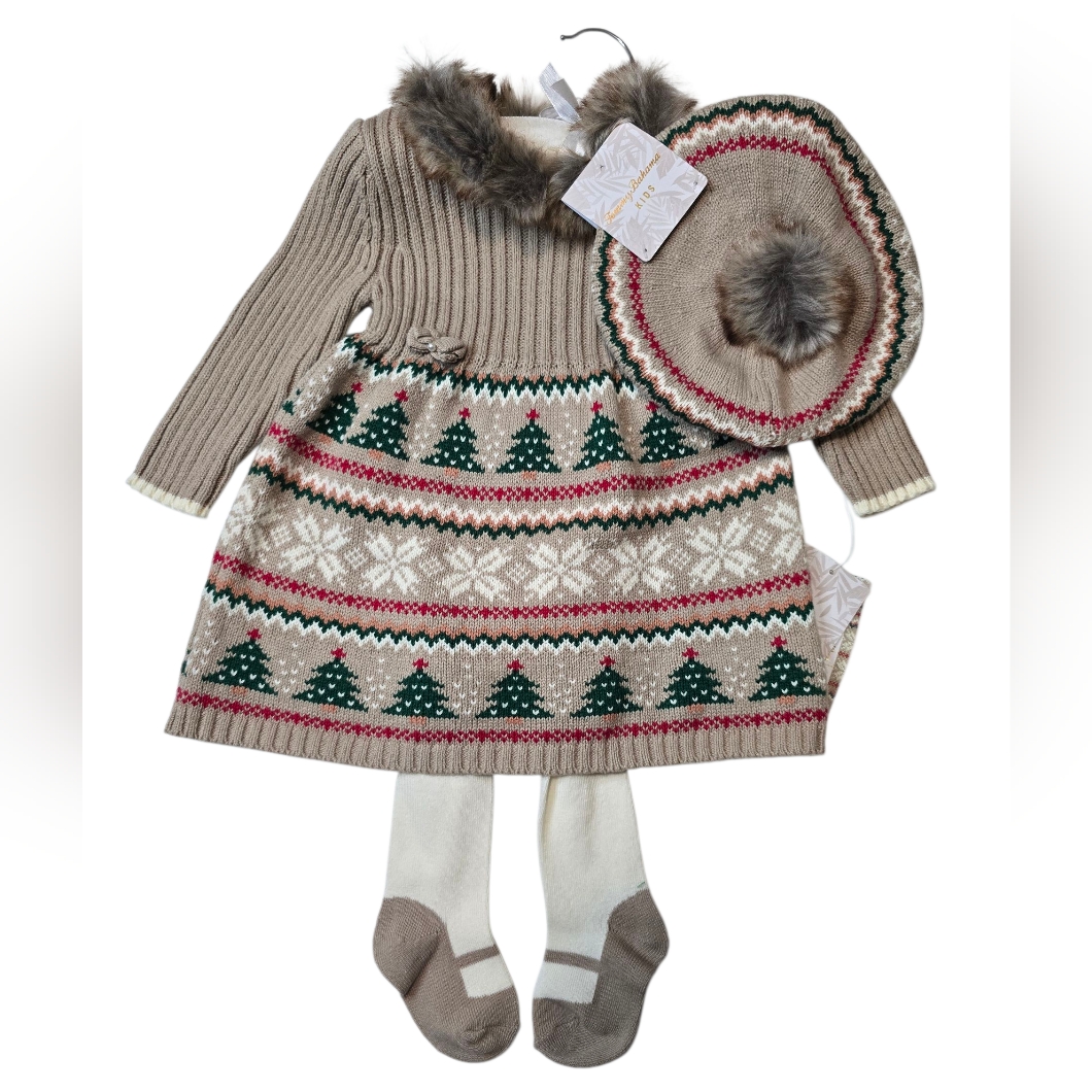 Tommy Bahama Cozy Knit Holiday Dress And Hat Set With Tights